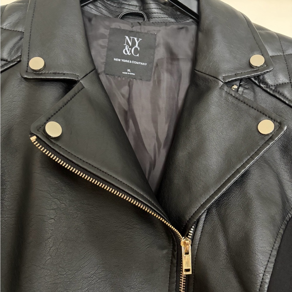 New York & Company Black Quilted Leather Jacket with Gold Accents - Picture 5 of 5